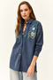 Women's Floral Indigo Sequin Sequin Detailed Oversize Stamp Shirt - 3