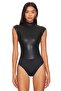 Women's Black Faux Leather Bodysuit - 4