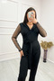 Women's Atlas Fabric Jumpsuit with Tulle Sleeve and Polka Dot Detail, Belted V-Neck Jumpsuit - 8