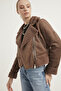 Women's Bitter Brown Fur Faux Suede Crop Biker Jacket - 4