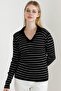 Women's Black Stripe Pattern Polo V-Neck Knitwear Sweater - 2