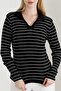 Women's Black Stripe Pattern Polo V-Neck Knitwear Sweater - 6