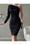 Black Satin Single Sleeve Draped Dress - 2