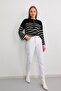 Women's Black Oversize Gold Buttoned Striped Thick Knitwear Sweater - 3