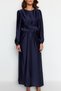 Navy Cross-Tie Detail Satin Evening Dress TCTAW22EB0105 - 4