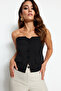 Siyah Slim Fit Straplez Crop Dokuma Yelek TWOAW24YE00034 - 3