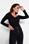 Siyah Pamuklu Esnek Volanlı Fitted/Vücuda Oturan Crop Örme Bluz TWOAW24BZ00161 - 2