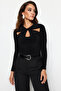 Siyah Cut Out ve Büzgü Detaylı Fitted/Vücuda Oturan Esnek Çıtçıtlı Örme Body TWOAW22BD0047 - 3