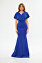 FLEXIBLE SCUBA FABRIC BLUE COLOR DOUBLE-BREASTED COLLAR BELT EVENING DRESS GL-686 582099