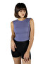 Purple Fitted Crop Halter Neck Ribbed Stretch Knitted Blouse Athlete - 2
