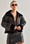 Women's Black Leather Plush Araboy Coat 2326 - 7