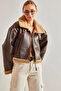 Women's Dark Brown Collared Belted Laminated Jacket 2289 - 5