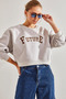 Women's Beige Printed Three Thread Ribbed Sweatshirt 60041012