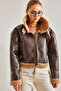 Women's Dark Brown Collared Belted Laminated Jacket 2289 - 2