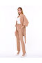 Women's Camel Aerobin Fabric Top Belted Cardigan Bottom Elastic Pocket Buttoned Trousers Bottom Top Set Kimono - 2