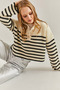 Women's Beige Black Collared Buttoned Striped Knitwear Sweater 20234204 - 7