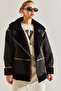 Women's Black Ribbed Laminated Long Coat 60051014 - 2