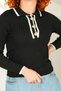 Women's Ribbed Black Polo Neck Knitwear Long Sleeve Buttoned Sweater Blouse - 3