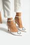 Limar White Satin Stone Detailed Ankle Strap 8.5 Cm Stiletto Pointed Toe Women's Heeled Shoes - 2