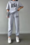 USA Printed Gray Jogger Tracksuit Set - Oversize Crew Neck - 2