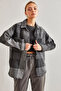 Women's Anthracite Plaid Pattern Double Pocket Cashmere Shirt 60041011 - 3