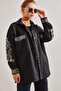Women's Black Two-Pocket Embroidered Buttoned Cashmere Shirt 60041018