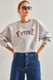 Women's Beige Printed Three Thread Ribbed Sweatshirt 60041012 - 6