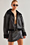 Women's Black Leather Plush Araboy Coat 2326 - 2