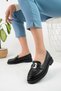 Genuine Leather Black Buckle Women's Shoes Loafer Genuine Leather Buckle Black Loafer - 2