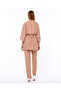 Women's Camel Aerobin Fabric Top Belted Cardigan Bottom Elastic Pocket Buttoned Trousers Bottom Top Set Kimono - 5