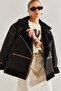 Women's Black Ribbed Laminated Long Coat 60051014