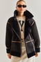 Women's Black Ribbed Laminated Long Coat 60051014 - 3