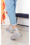 Gray Flat Heel Stoned Zippered Women's Boots - 4