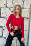Women's Red Crew Neck Front Gathered Blouse ALC-X11160 - 4