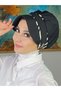 Nazli Model Buckle Large Cream Striped Zebra Pattern Hijab Black Hat - 6