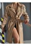 Women's Leather Cuff Detailed Belted Pocketed Long Coat Overcoat Trench Coat - 3