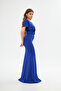 FLEXIBLE SCUBA FABRIC BLUE COLOR DOUBLE-BREASTED COLLAR BELT EVENING DRESS GL-686 582099 - 2