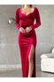 Women's Red Velvet Fabric Slit Evening Dress Graduation Wedding Wedding Dress - 3