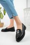 Genuine Leather Black Buckle Women's Shoes Loafer Genuine Leather Buckle Black Loafer