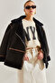 Women's Black Ribbed Laminated Long Coat 60051014 - 5