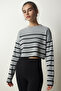 Women's Gray Ribbed Striped Crop Knit Sweater PF00048 - 4