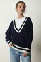 Women's Navy Blue V-Neck Stripe Detailed Oversize Knitwear Sweater YY00191 - 2