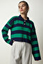 Women's Navy Blue Green Stylish Buttoned Lapel Striped Crop Knitwear Sweater BV00115 - 3
