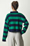 Women's Navy Blue Green Stylish Buttoned Lapel Striped Crop Knitwear Sweater BV00115 - 7