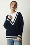 Women's Navy Blue V-Neck Stripe Detailed Oversize Knitwear Sweater YY00191 - 3
