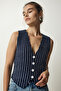 Women's Navy Blue Striped Raised Knitwear Vest WF00058