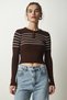 Women's Brown Cream Buttoned Collar Ribbed Crop Knitwear Blouse NF00077