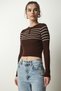 Women's Brown Cream Buttoned Collar Ribbed Crop Knitwear Blouse NF00077 - 4