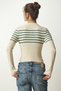 Women's Cream Green Button Collar Ribbed Crop Knitwear Blouse NF00077 - 4