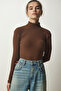 Women's Brown Turtleneck Corded Knitted Blouse HJ00008 - 3